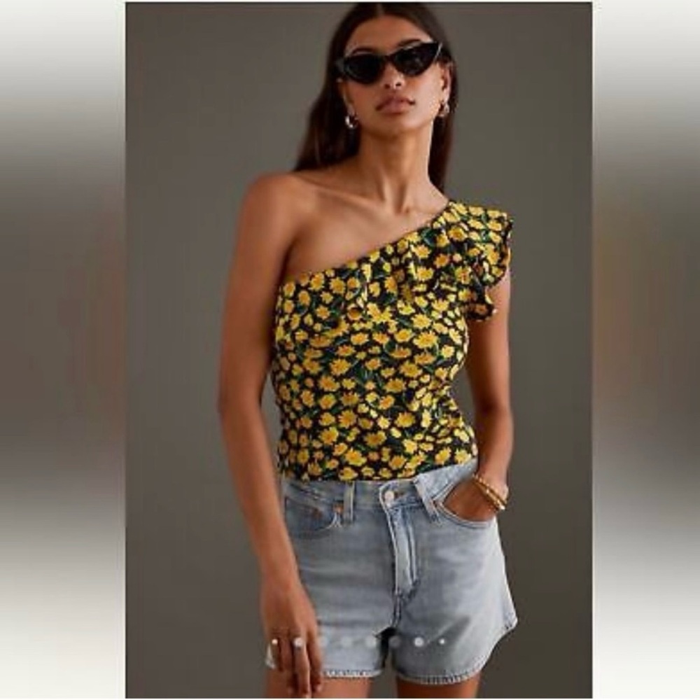 ANTHROPOLOGIE Maeve Yellow Floral Ruffle One Shoulder Tank Top NWT Size Medium